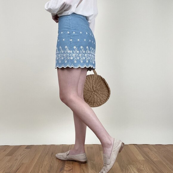 Vintage Floral Embroidered Mini Skirt Denim Jean Feminine Dainty Coastal Cowgirl - Picture 3 of 7
